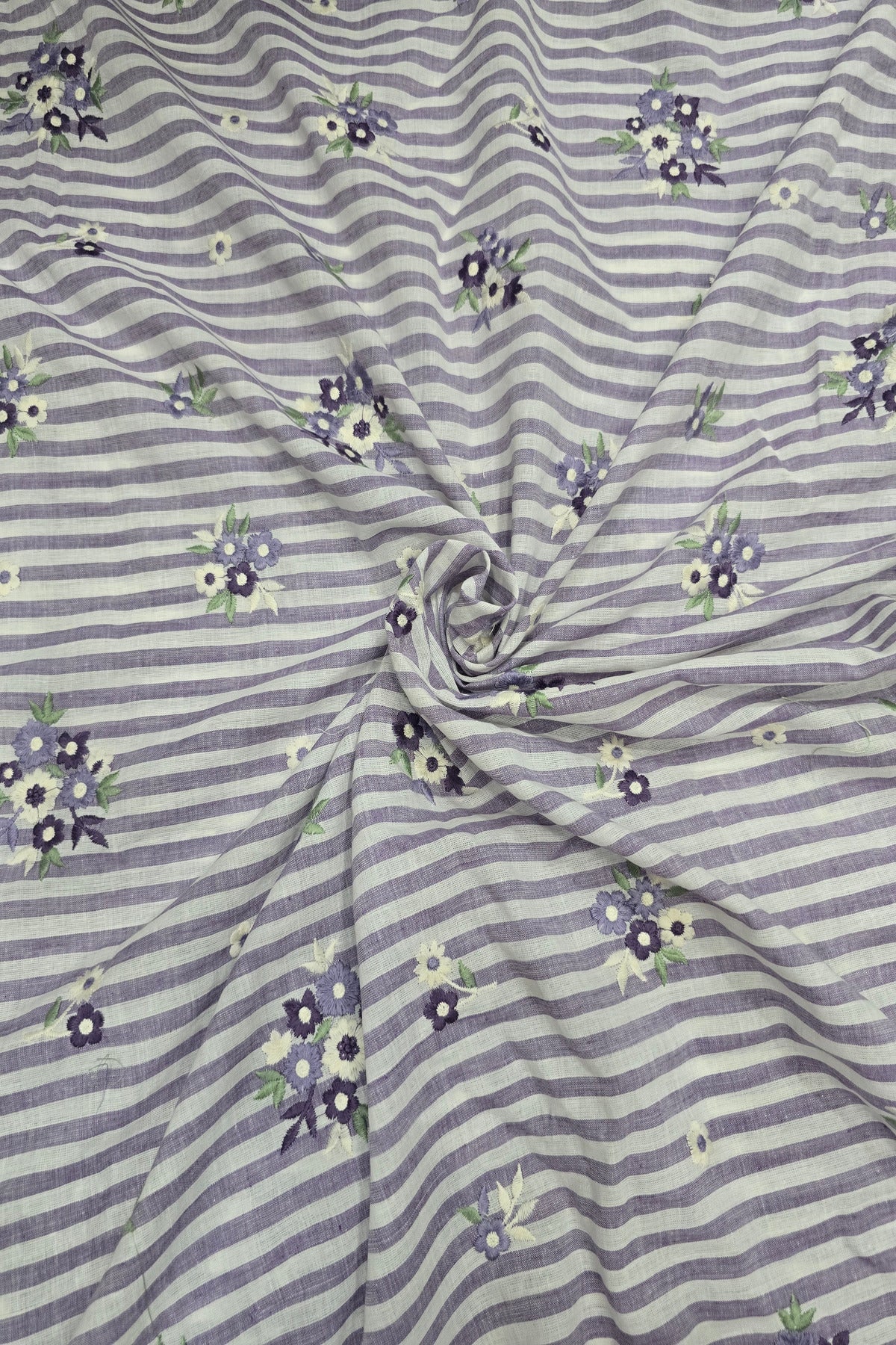 Vertical Lines With Floral Bunches Embroidered Pure Cotton Fabric