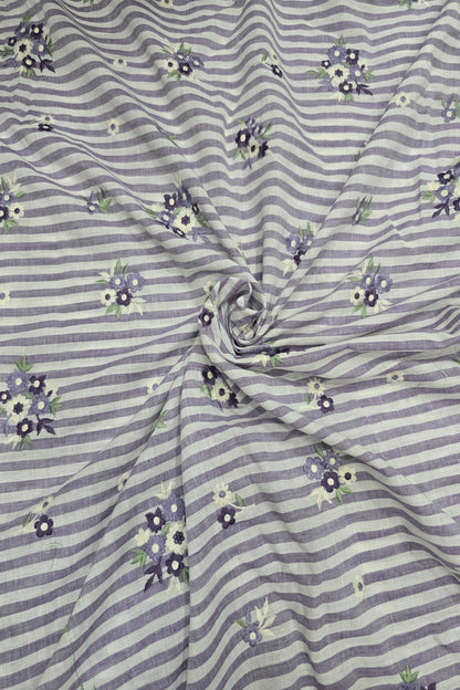 Vertical Lines With Floral Bunches Embroidered Pure Cotton Fabric