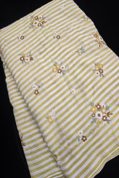 Vertical Lines With Floral Bunches Embroidered Pure Cotton Fabric