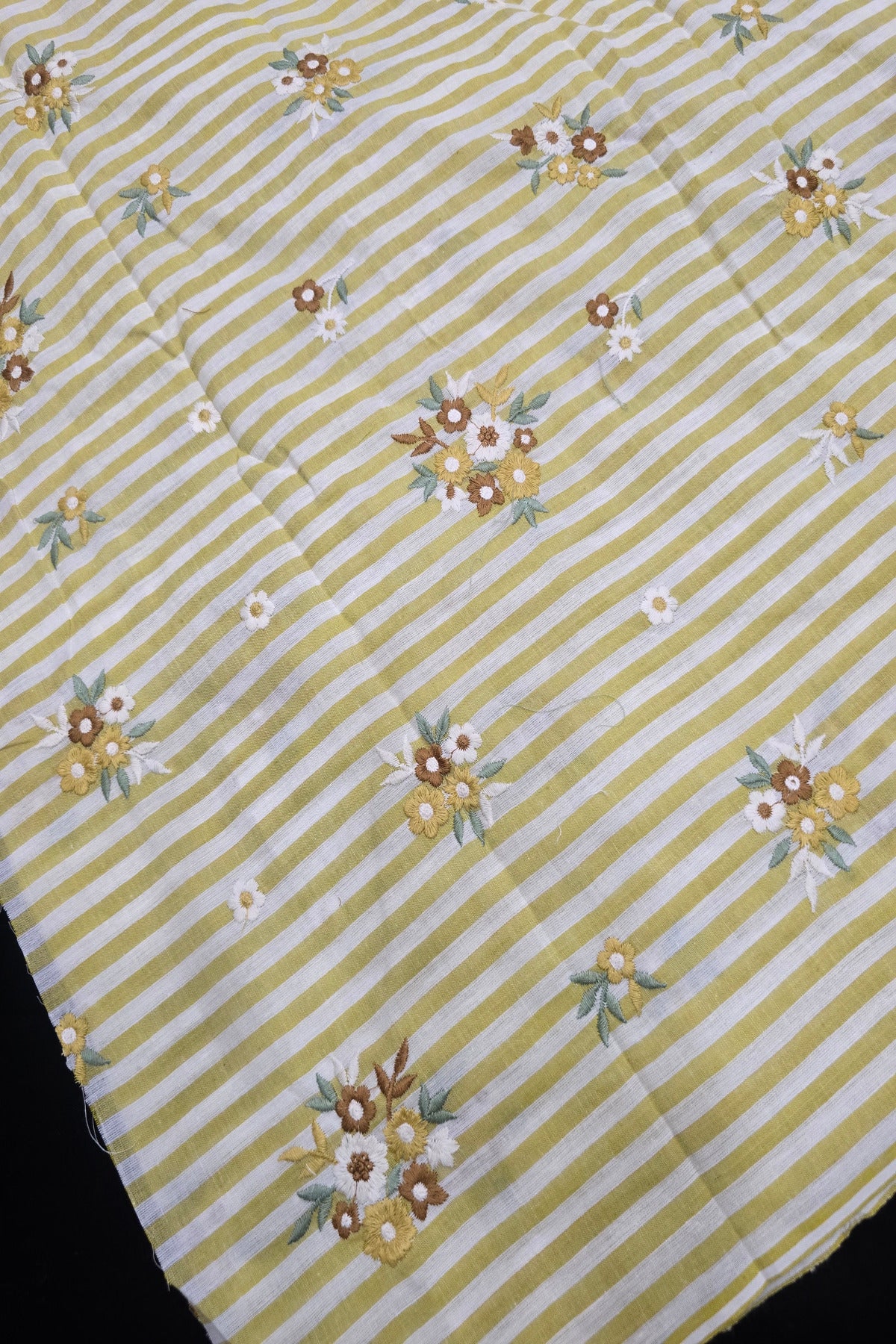 Vertical Lines With Floral Bunches Embroidered Pure Cotton Fabric
