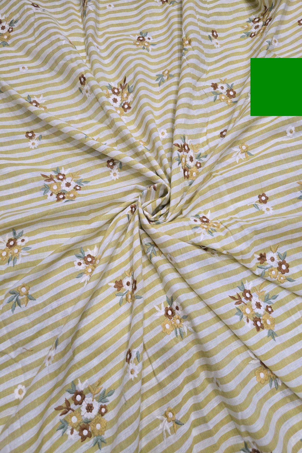 Vertical Lines With Floral Bunches Embroidered Pure Cotton Fabric
