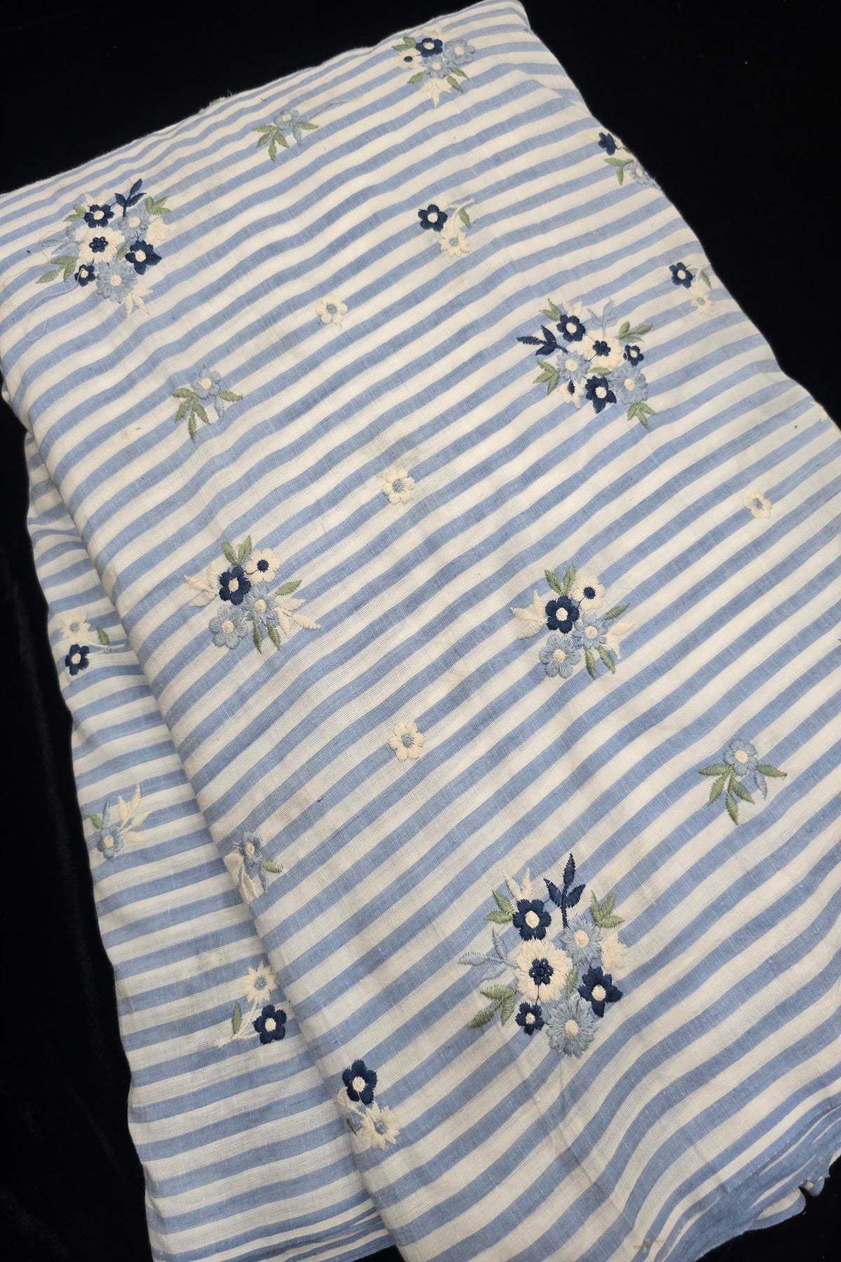 Vertical Lines With Floral Bunches Embroidered Pure Cotton Fabric