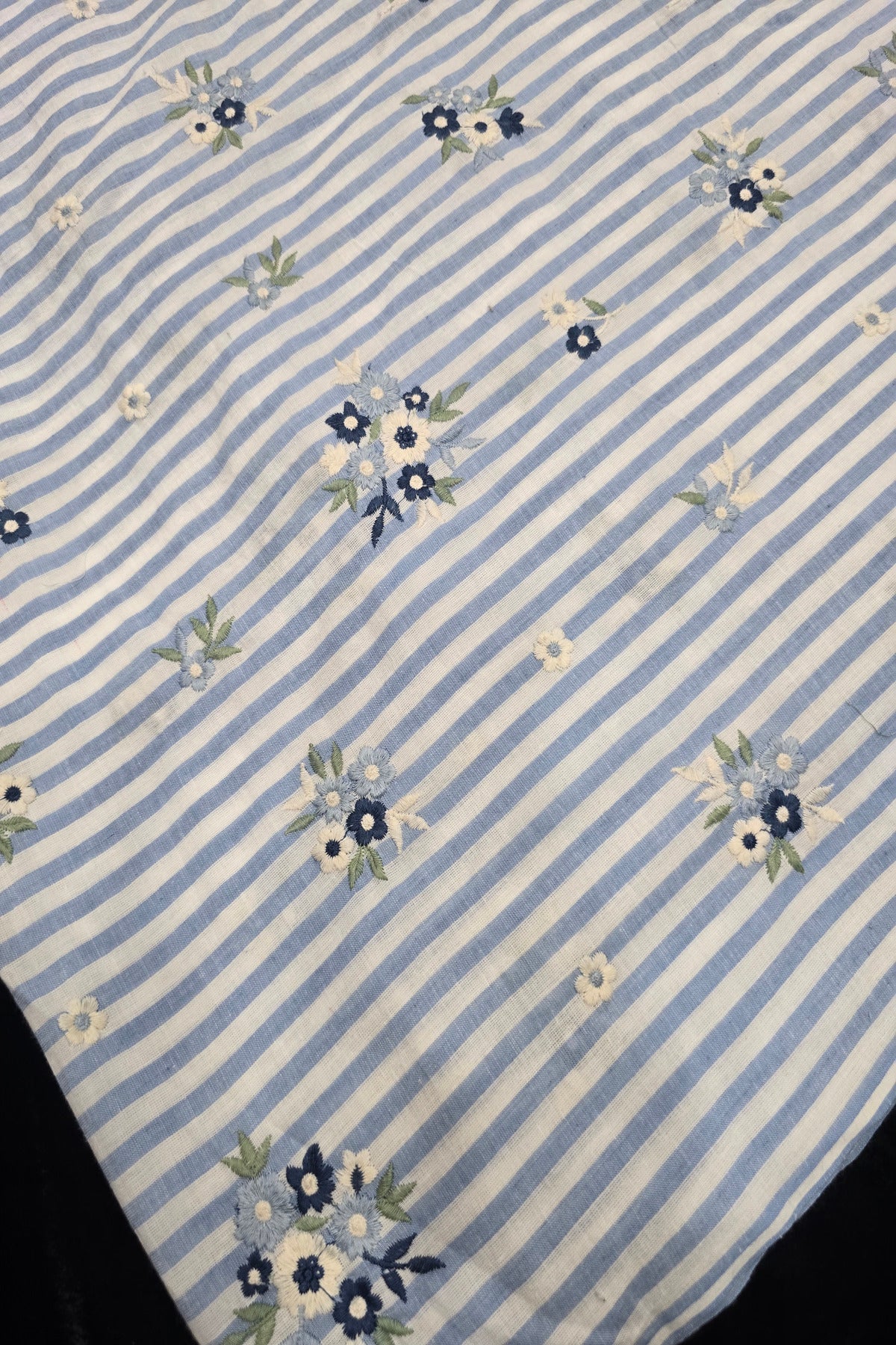 Vertical Lines With Floral Bunches Embroidered Pure Cotton Fabric
