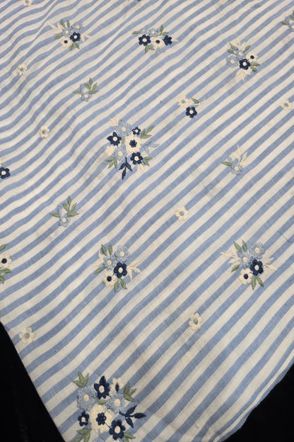 Vertical Lines With Floral Bunches Embroidered Pure Cotton Fabric