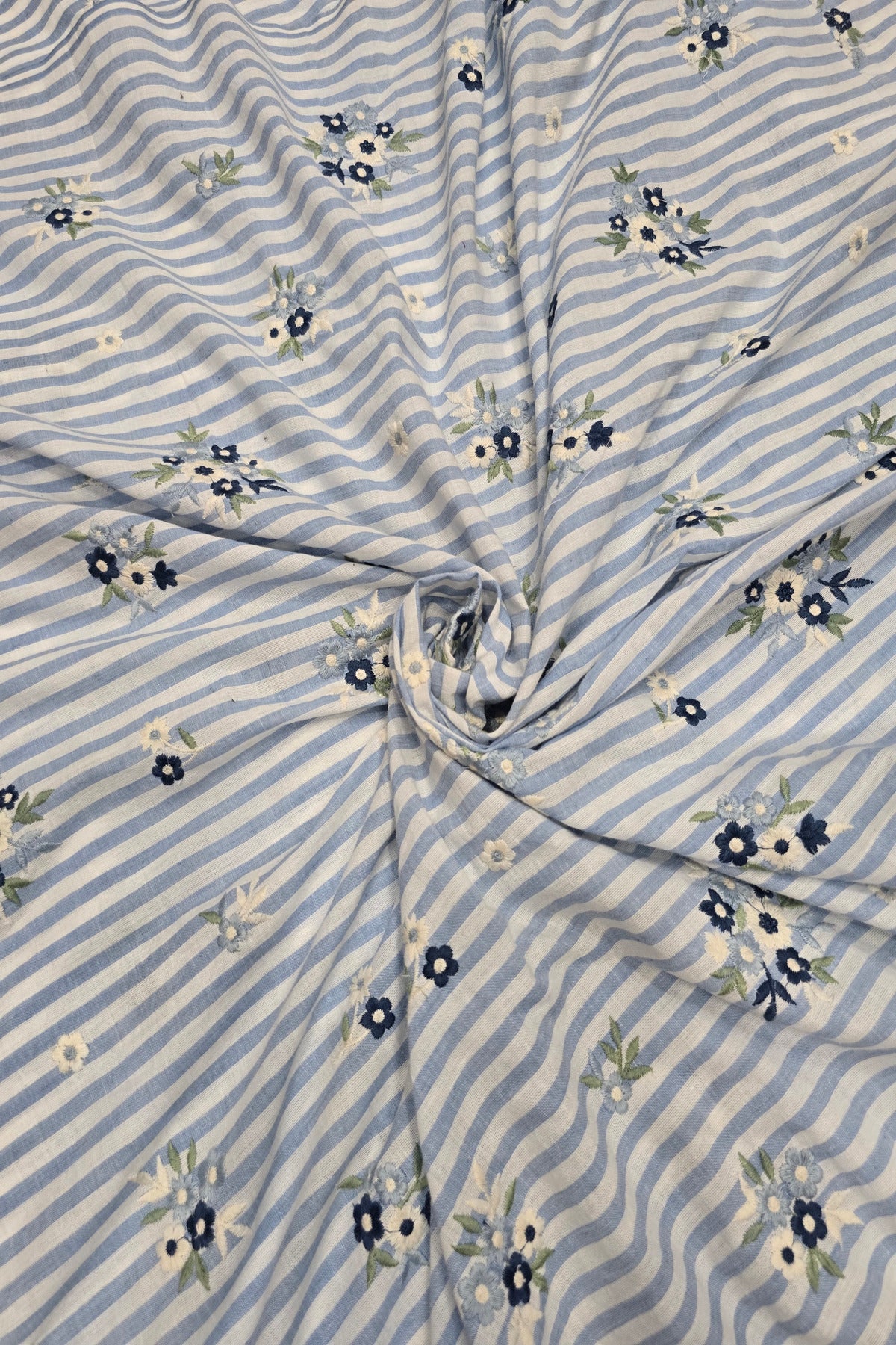 Vertical Lines With Floral Bunches Embroidered Pure Cotton Fabric