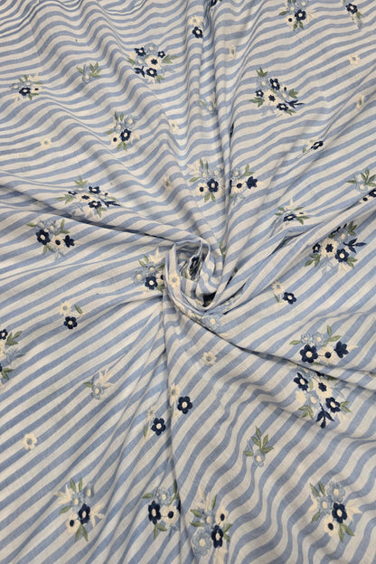 Vertical Lines With Floral Bunches Embroidered Pure Cotton Fabric