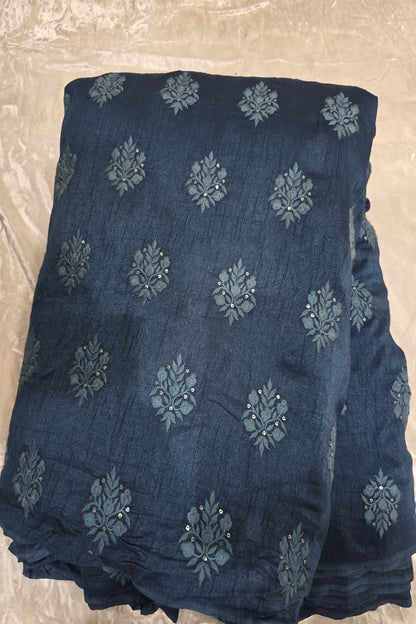 Botanical Bouquet Motif Thread Embroidered Pure Falling Rawsilk Fabric