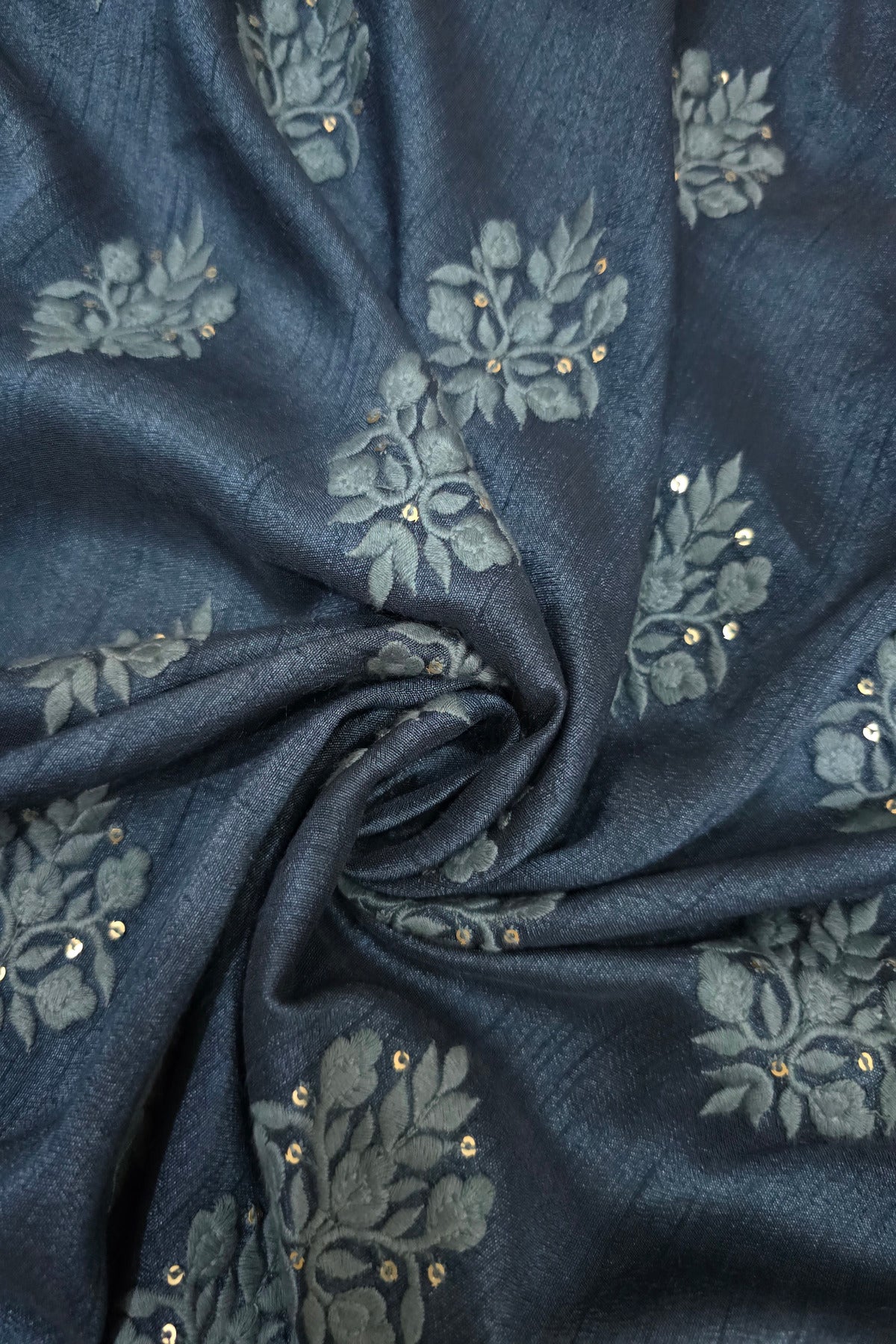 Botanical Bouquet Motif Thread Embroidered Pure Falling Rawsilk Fabric