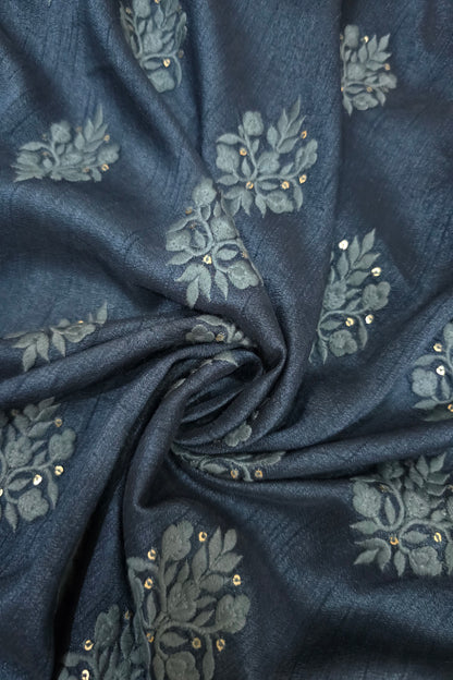 Botanical Bouquet Motif Thread Embroidered Pure Falling Rawsilk Fabric