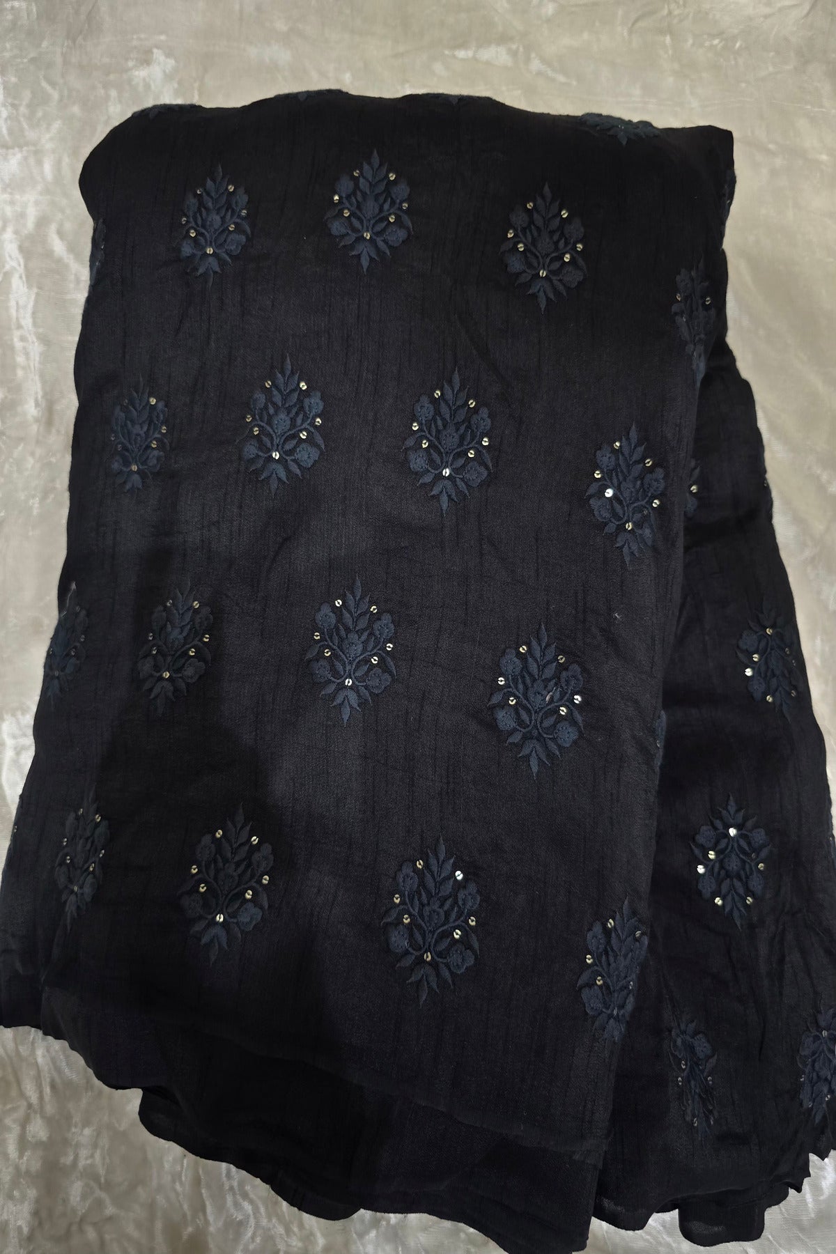 Botanical Bouquet Motif Thread Embroidered Pure Falling Rawsilk Fabric