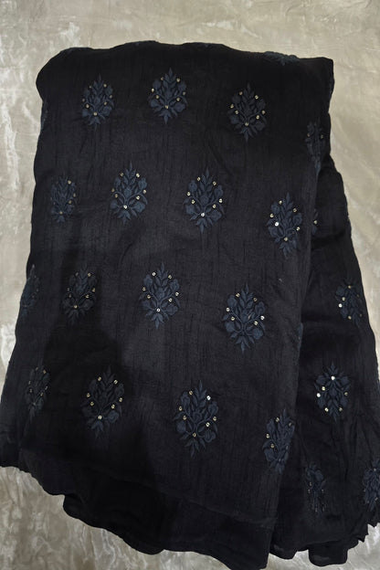Botanical Bouquet Motif Thread Embroidered Pure Falling Rawsilk Fabric