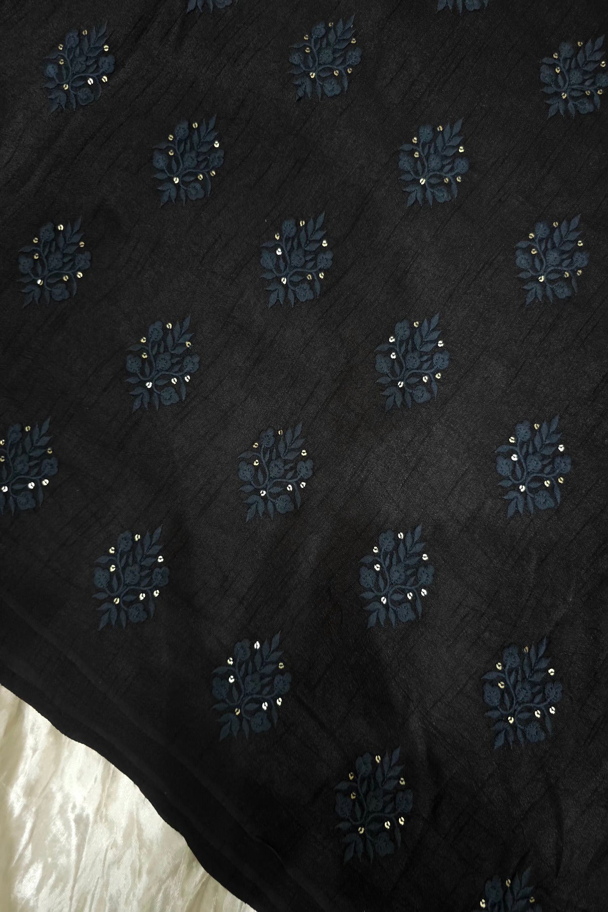 Botanical Bouquet Motif Thread Embroidered Pure Falling Rawsilk Fabric