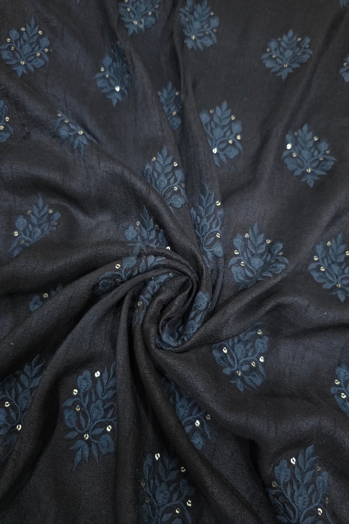 Botanical Bouquet Motif Thread Embroidered Pure Falling Rawsilk Fabric