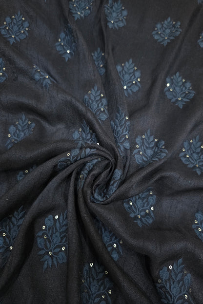 Botanical Bouquet Motif Thread Embroidered Pure Falling Rawsilk Fabric