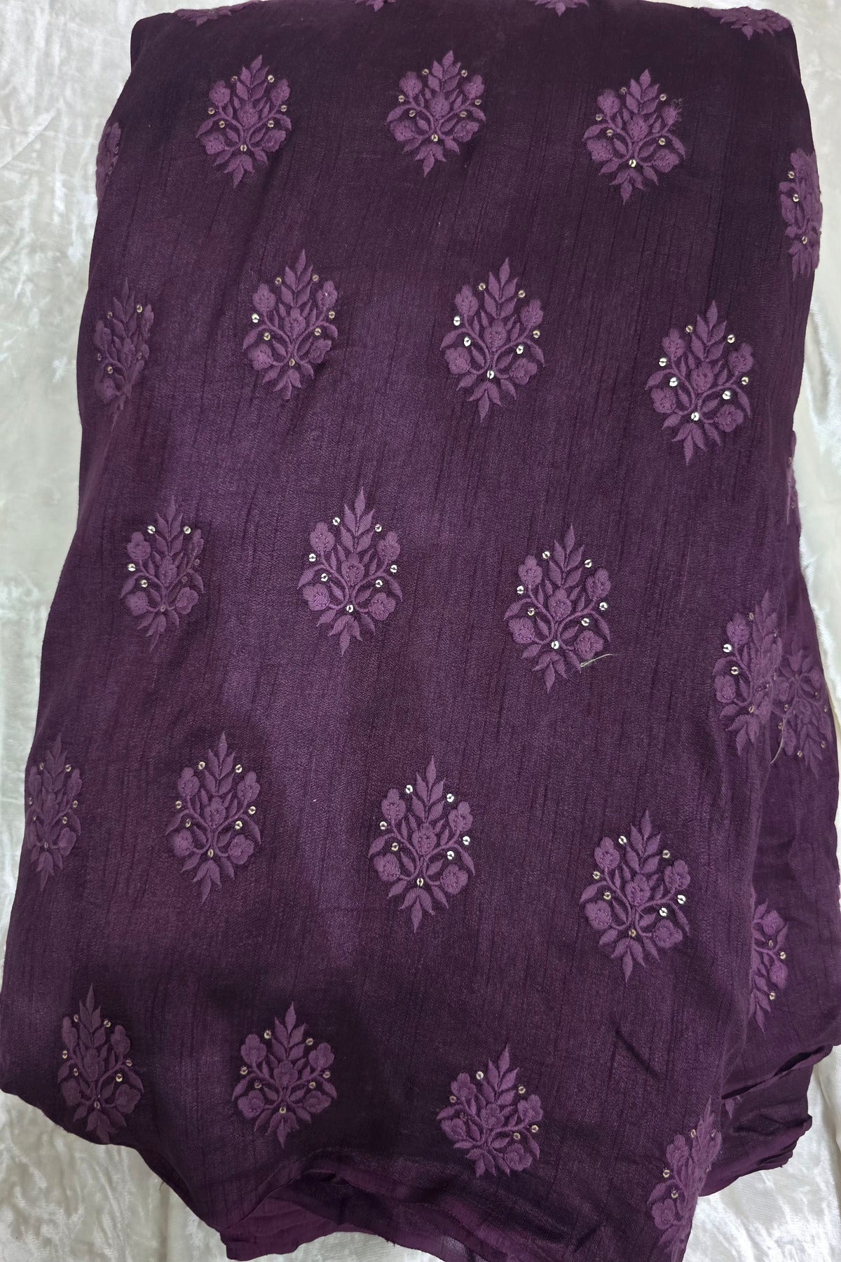 Botanical Bouquet Motif Thread Embroidered Pure Falling Rawsilk Fabric
