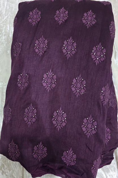 Botanical Bouquet Motif Thread Embroidered Pure Falling Rawsilk Fabric