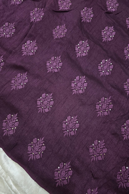 Botanical Bouquet Motif Thread Embroidered Pure Falling Rawsilk Fabric
