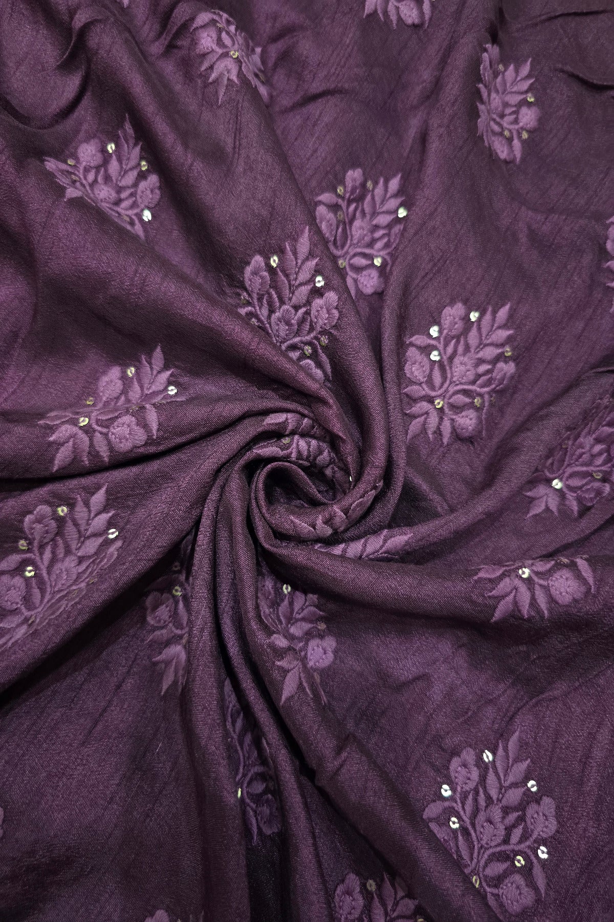 Botanical Bouquet Motif Thread Embroidered Pure Falling Rawsilk Fabric