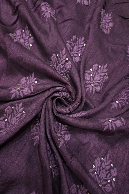 Botanical Bouquet Motif Thread Embroidered Pure Falling Rawsilk Fabric
