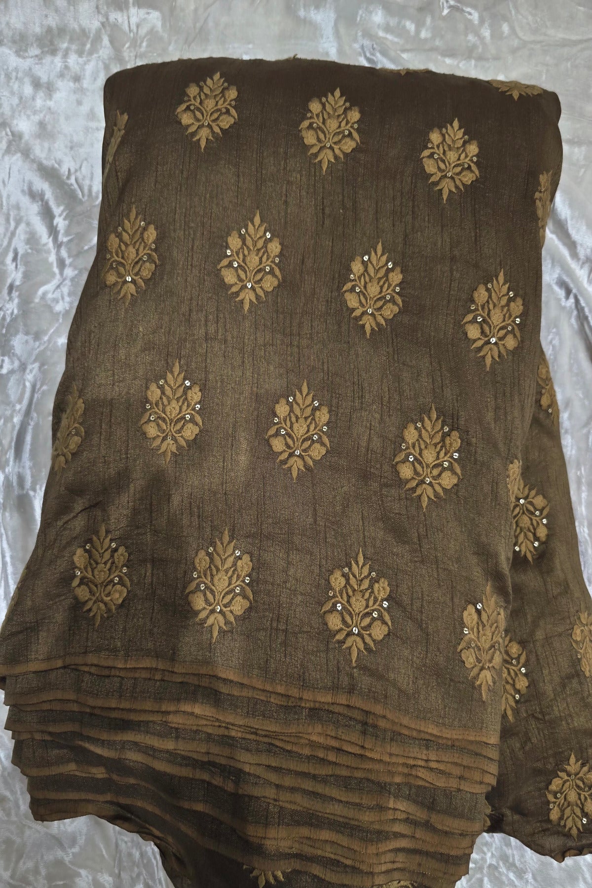 Botanical Bouquet Motif Thread Embroidered Pure Falling Rawsilk Fabric