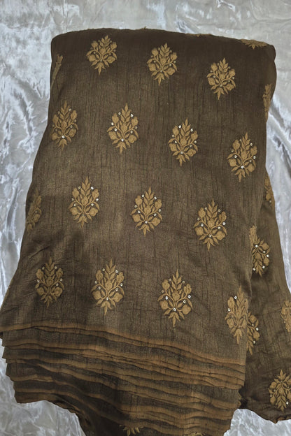 Botanical Bouquet Motif Thread Embroidered Pure Falling Rawsilk Fabric