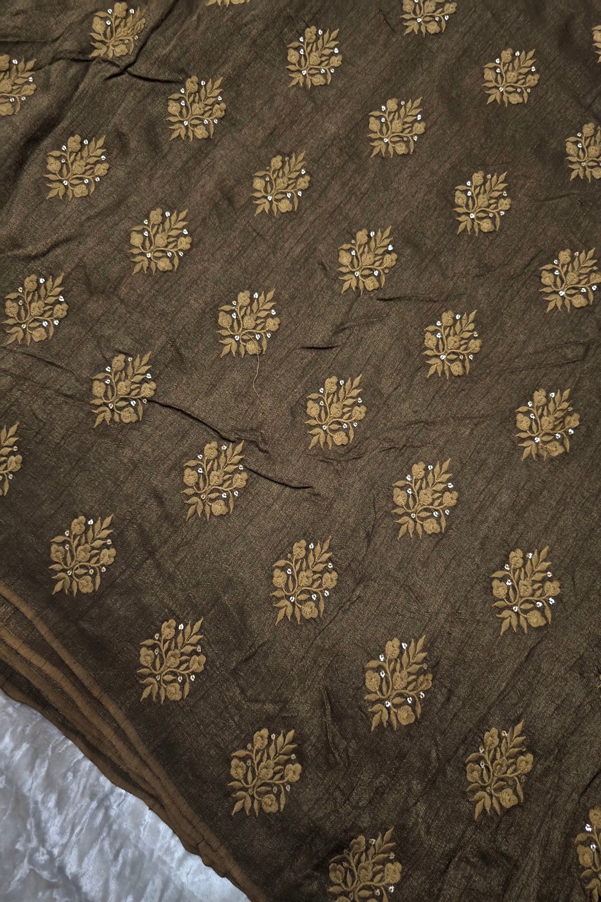 Botanical Bouquet Motif Thread Embroidered Pure Falling Rawsilk Fabric