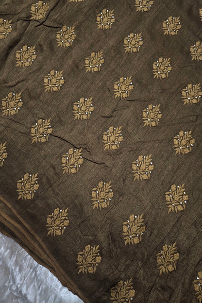 Botanical Bouquet Motif Thread Embroidered Pure Falling Rawsilk Fabric