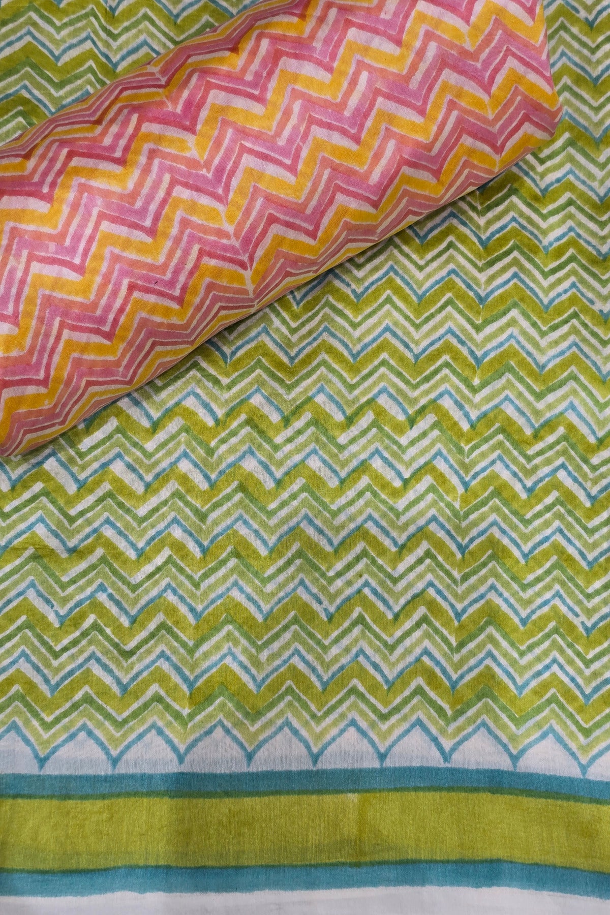 Chevron Patterned Three Shades Block Printed Pure Mul Chanderi Fabric