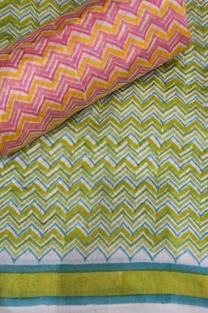 Chevron Patterned Three Shades Block Printed Pure Mul Chanderi Fabric