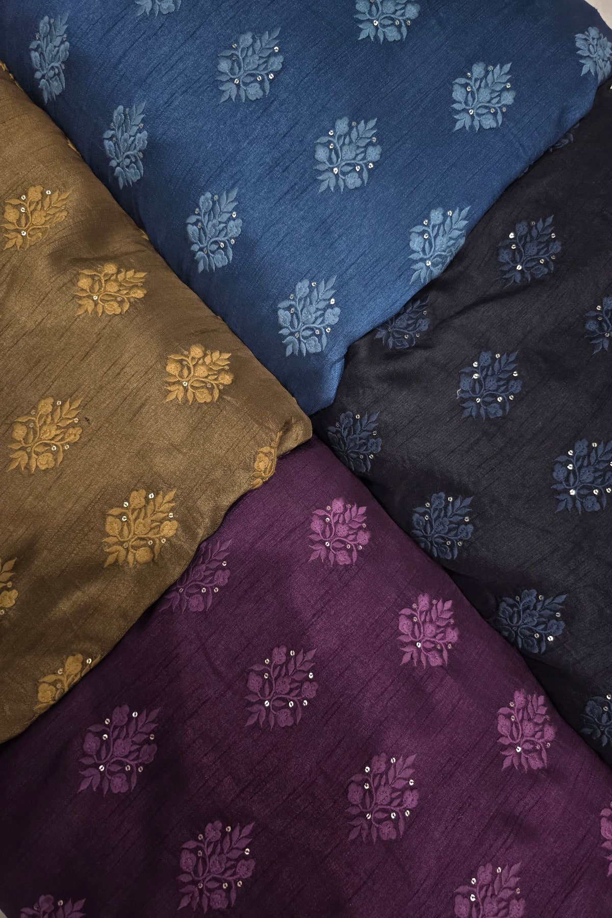 Botanical Bouquet Motif Thread Embroidered Pure Falling Rawsilk Fabric
