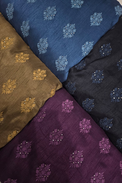 Botanical Bouquet Motif Thread Embroidered Pure Falling Rawsilk Fabric