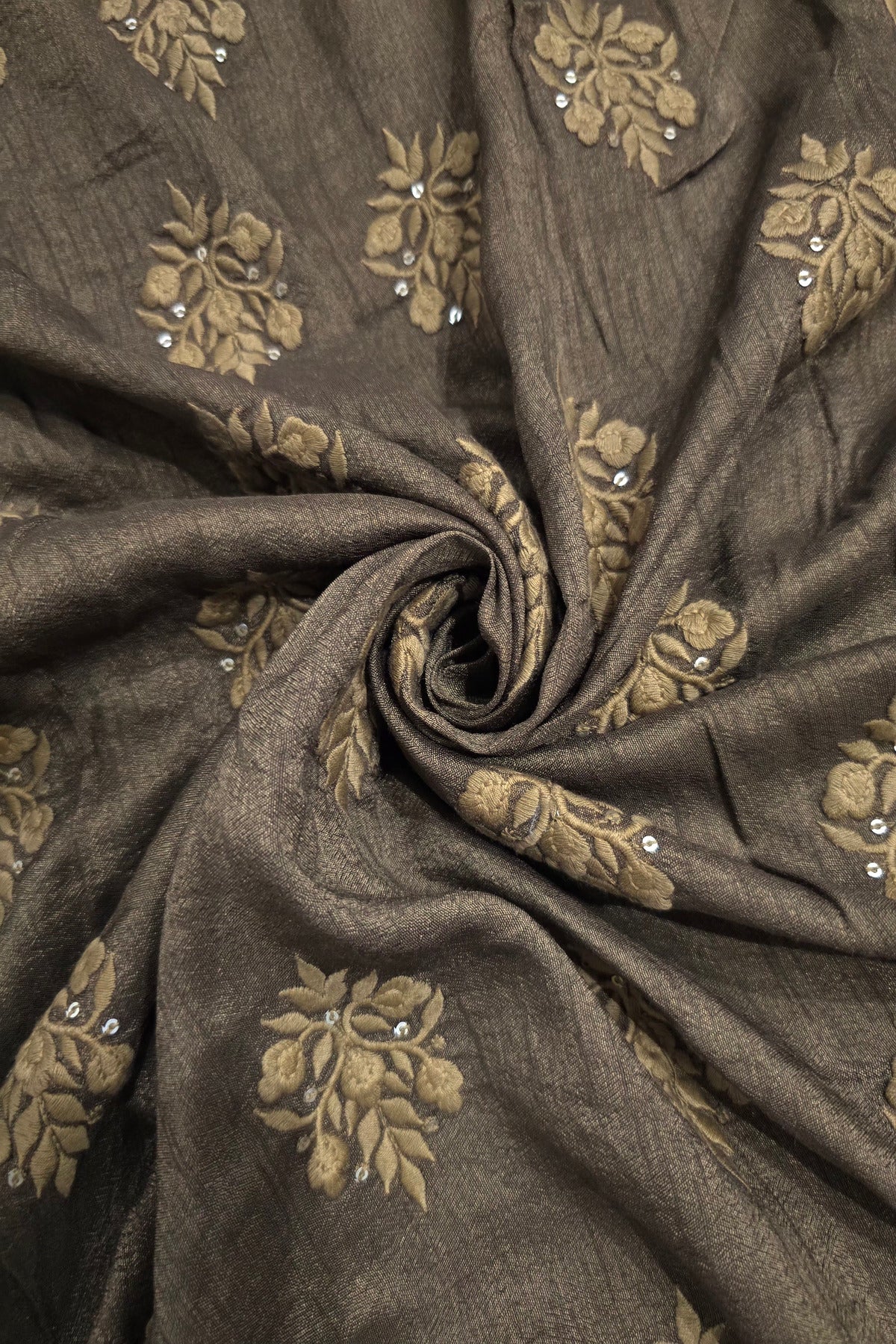 Botanical Bouquet Motif Thread Embroidered Pure Falling Rawsilk Fabric