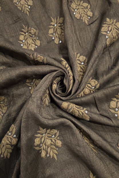 Botanical Bouquet Motif Thread Embroidered Pure Falling Rawsilk Fabric