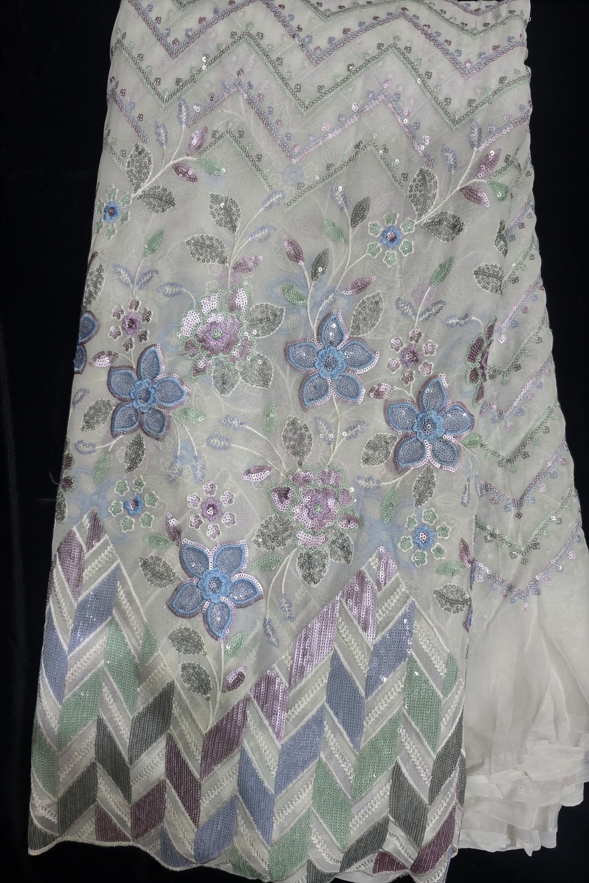 Chevron Patterned Sequins Embroidered White Dyeble Georgette Fabric