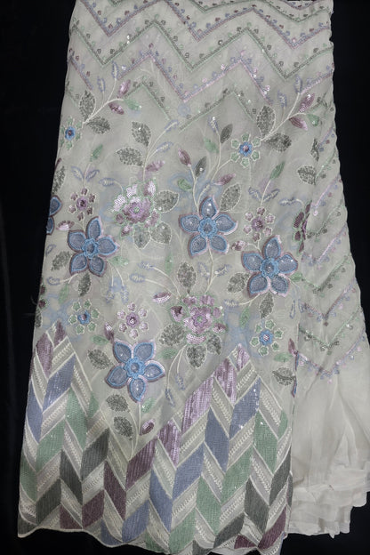 Chevron Patterned Sequins Embroidered White Dyeble Georgette Fabric