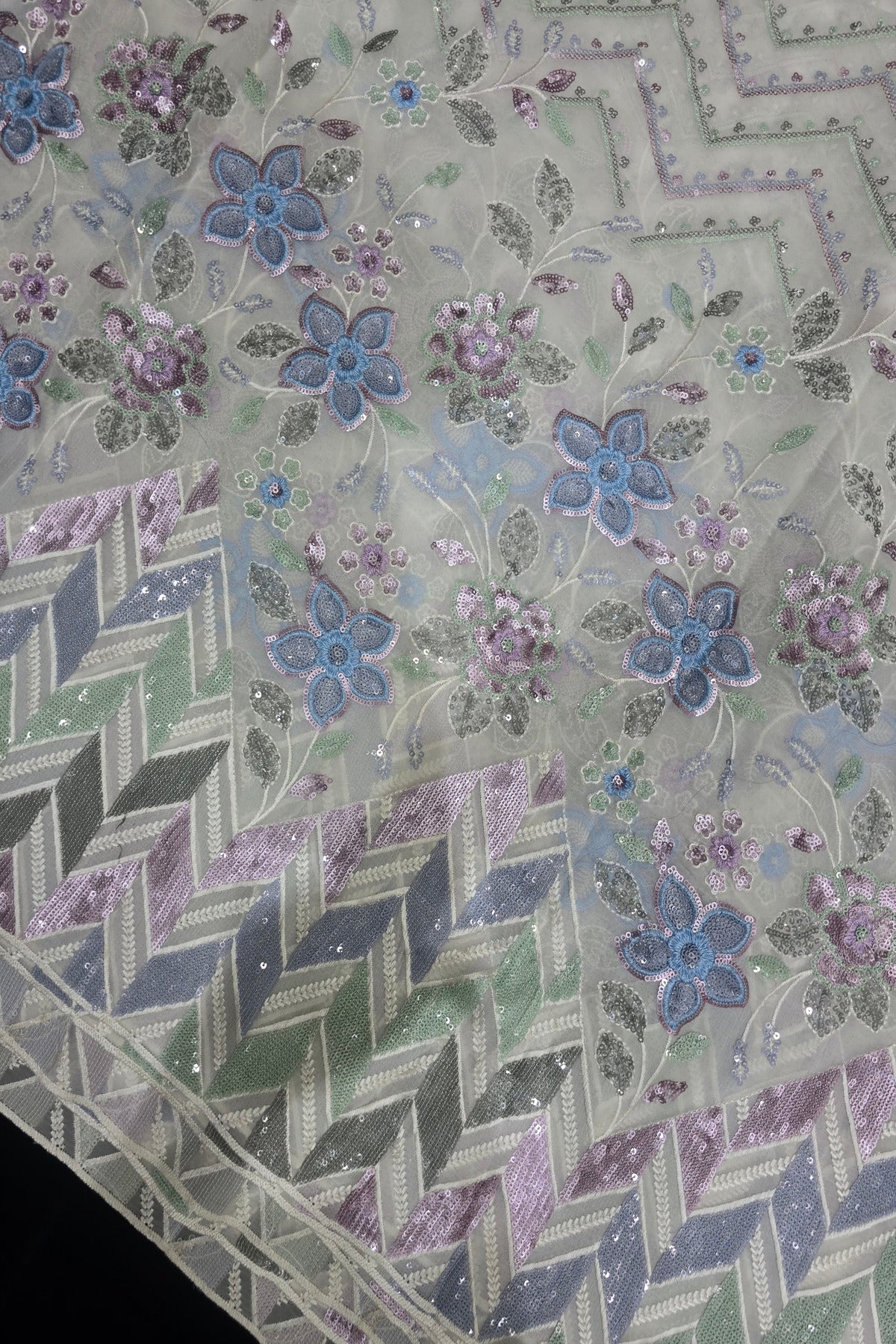 Chevron Patterned Sequins Embroidered White Dyeble Georgette Fabric