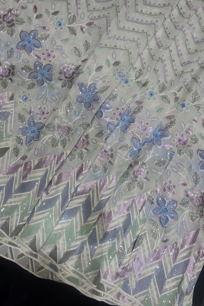 Chevron Patterned Sequins Embroidered White Dyeble Georgette Fabric