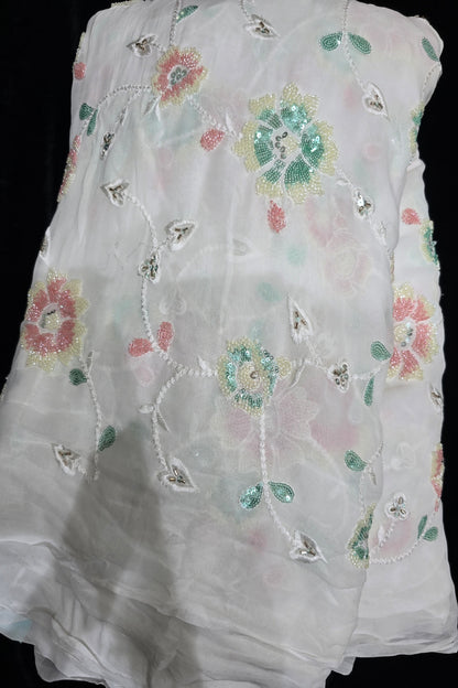 Torquoise & Peach Beads Sequins Floral Embroidered White Dyeble Georgette Fabric