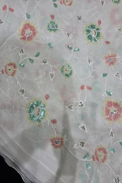 Torquoise & Peach Beads Sequins Floral Embroidered White Dyeble Georgette Fabric