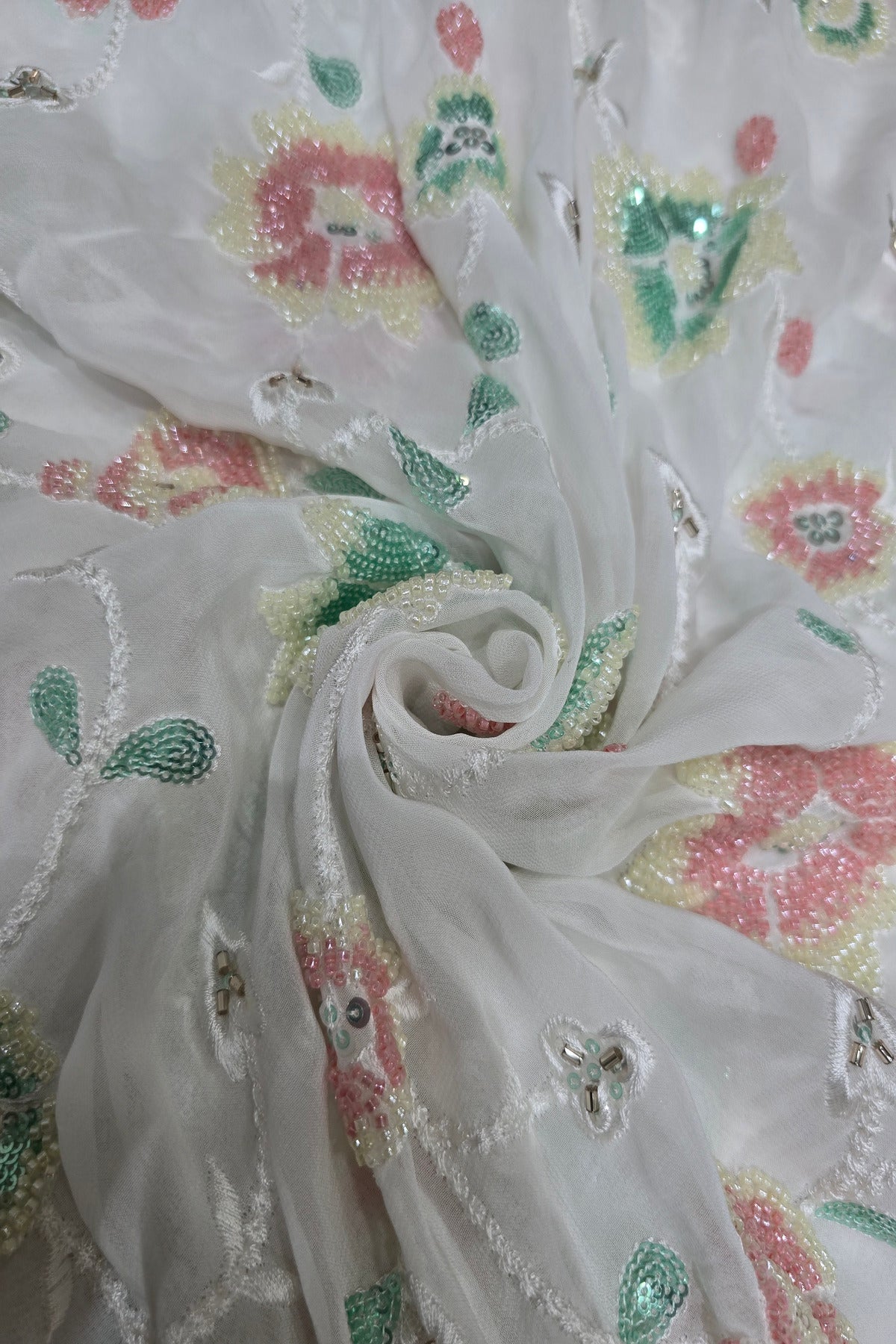 Torquoise & Peach Beads Sequins Floral Embroidered White Dyeble Georgette Fabric