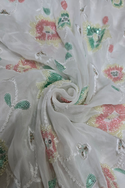 Torquoise & Peach Beads Sequins Floral Embroidered White Dyeble Georgette Fabric