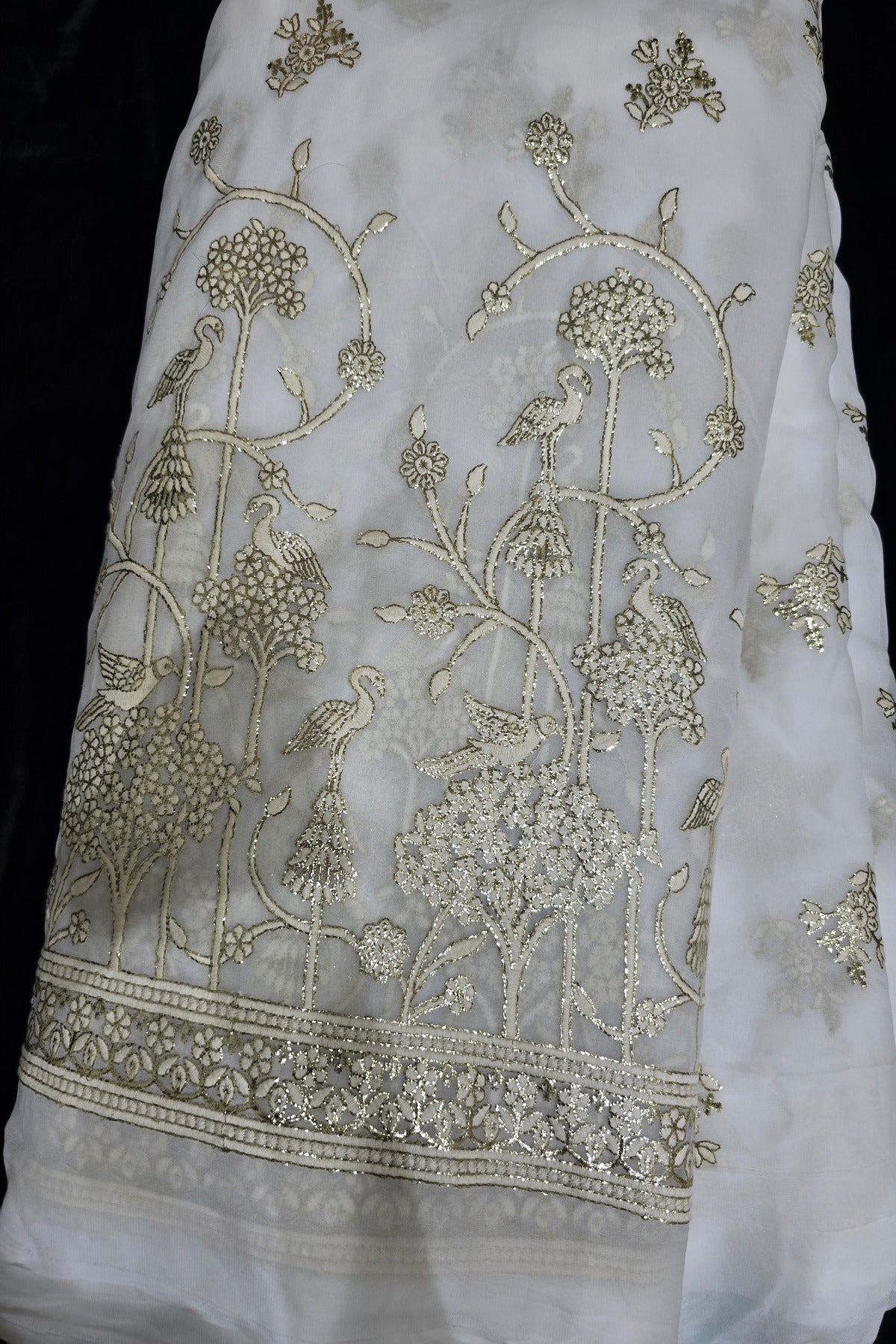 Blooming Flowers & Birds With Gold Foil Embroidered White Dyeble Fabric