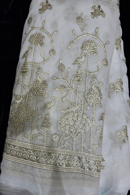 Blooming Flowers & Birds With Gold Foil Embroidered White Dyeble Fabric