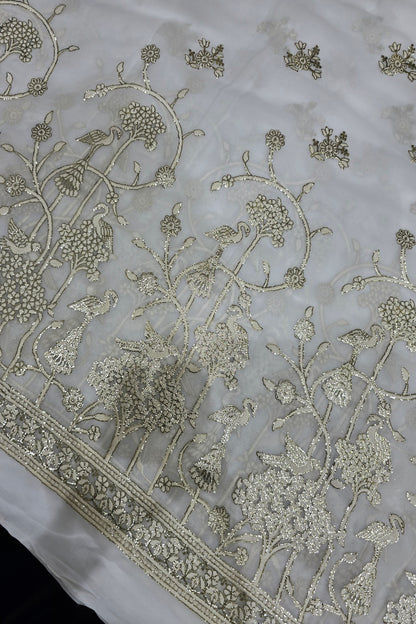 Blooming Flowers & Birds With Gold Foil Embroidered White Dyeble Fabric