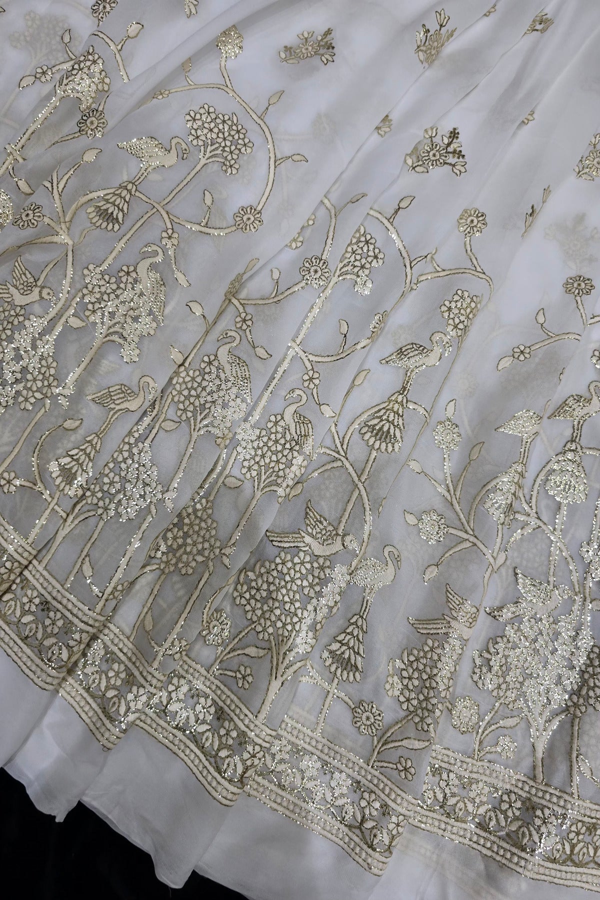 Blooming Flowers & Birds With Gold Foil Embroidered White Dyeble Fabric
