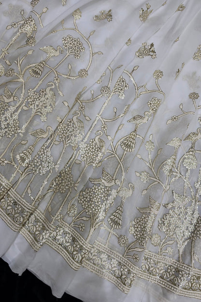 Blooming Flowers & Birds With Gold Foil Embroidered White Dyeble Fabric