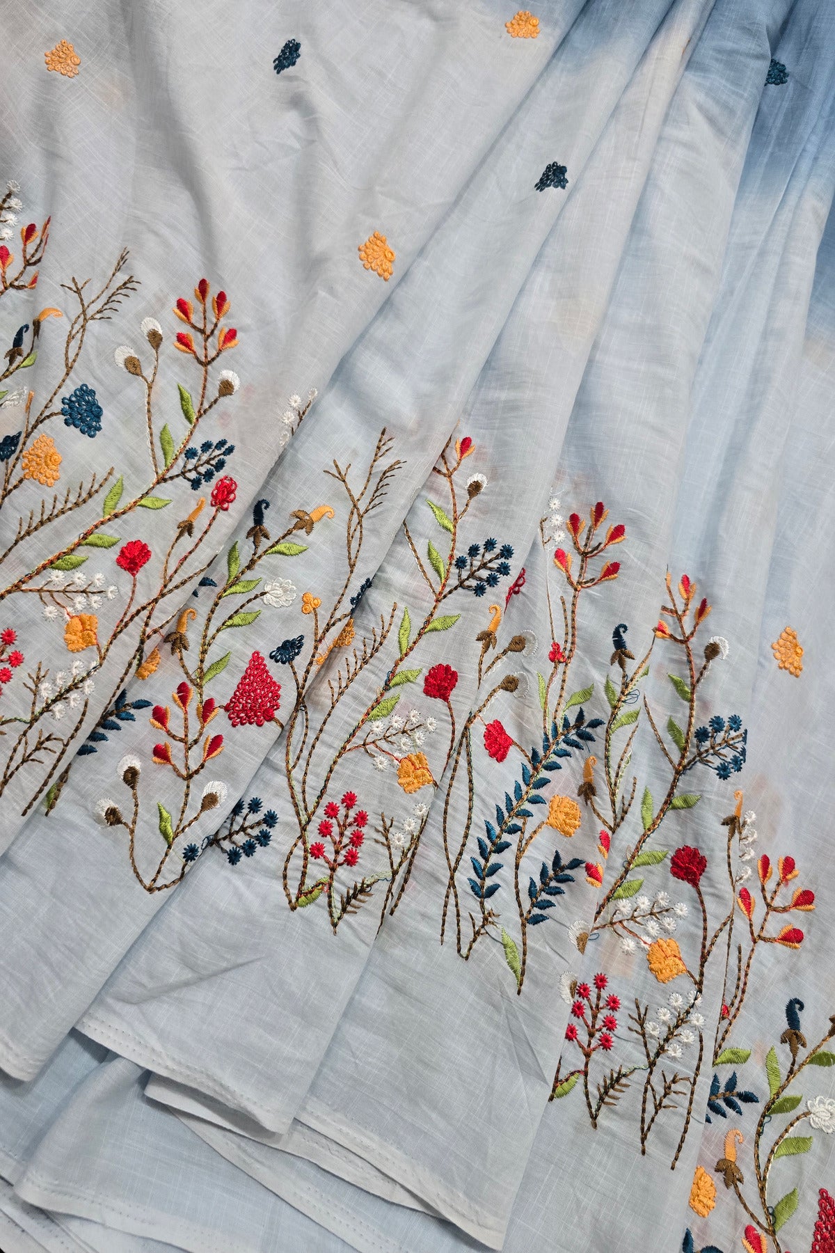 Wild Floral Garden Embroidered Pure Cotton Dual Shaded Fabric