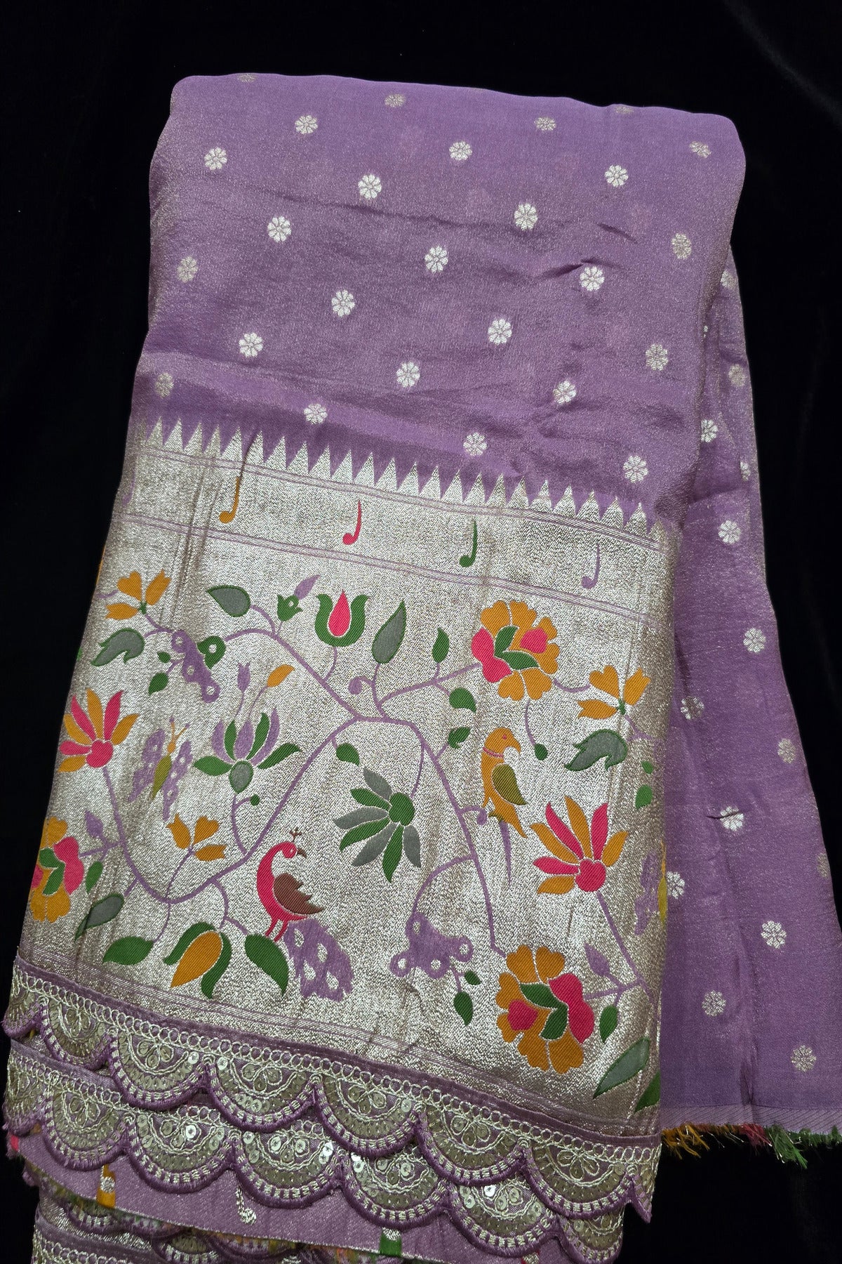 Traditional Peacock & Parrot Floral Pathani Inspired Uppada Tissue Fabric With Scalloped Border