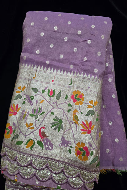 Traditional Peacock & Parrot Floral Pathani Inspired Uppada Tissue Fabric With Scalloped Border