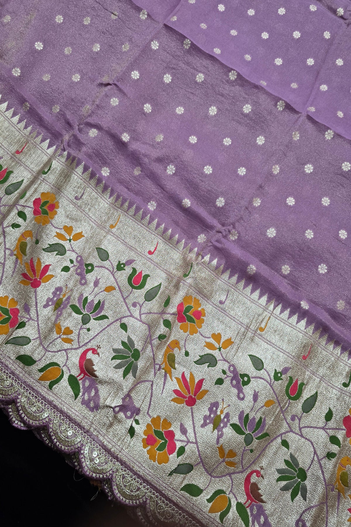 Traditional Peacock & Parrot Floral Pathani Inspired Uppada Tissue Fabric With Scalloped Border